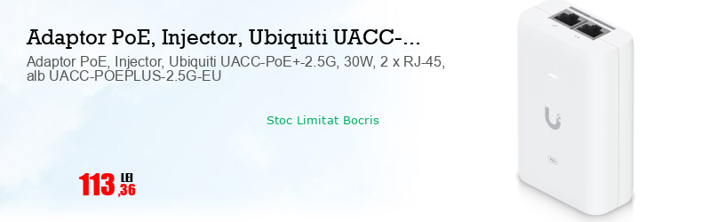 Adaptor PoE, Injector, Ubiquiti UACC-PoE+-2.5G, 30W, 2 x RJ-45, alb UACC-POEPLUS-2.5G-EU