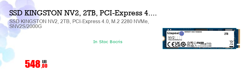 SSD KINGSTON NV2, 2TB, PCI-Express 4.0, M.2 2280 NVMe, SNV2S/2000G