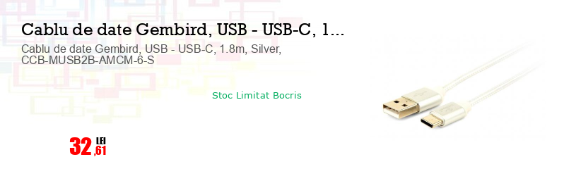 Cablu de date Gembird, USB - USB-C, 1.8m, Silver, CCB-MUSB2B-AMCM-6-S