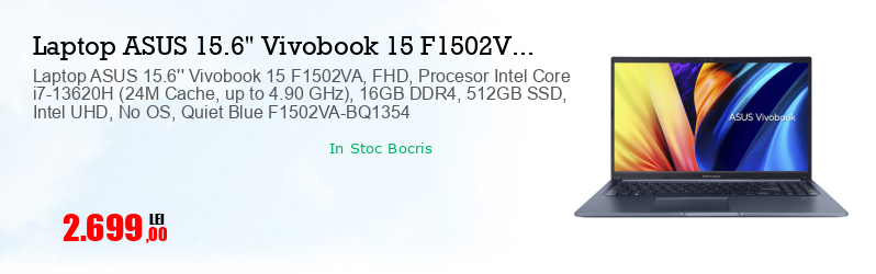Laptop ASUS 15.6'' Vivobook 15 F1502VA, FHD, Procesor Intel Core i7-13620H (24M Cache, up to 4.90 GHz), 16GB DDR4, 512GB SSD, Intel UHD, No OS, Quiet Blue F1502VA-BQ1354