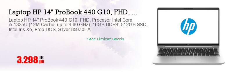 Laptop HP 14'' ProBook 440 G10, FHD, Procesor Intel Core i5-1335U (12M Cache, up to 4.60 GHz), 16GB DDR4, 512GB SSD, Intel Iris Xe, Free DOS, Silver 859Z0EA