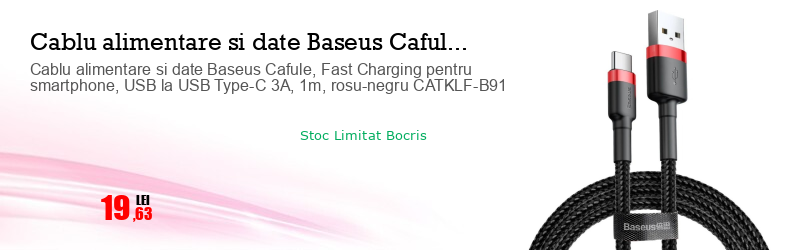 Cablu alimentare si date Baseus Cafule, Fast Charging pentru smartphone, USB la USB Type-C 3A, 1m, rosu-negru CATKLF-B91