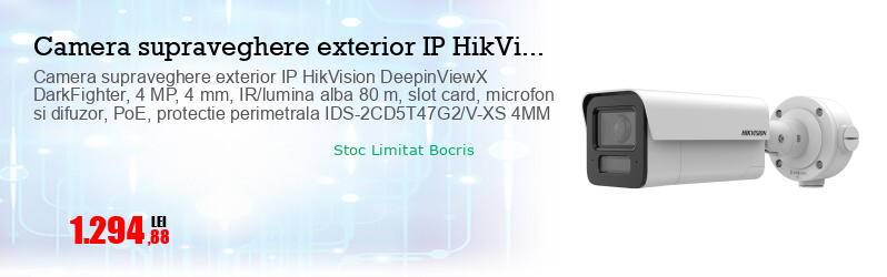 Camera supraveghere exterior IP HikVision DeepinViewX DarkFighter, 4 MP, 4 mm, IR/lumina alba 80 m, slot card, microfon si difuzor, PoE, protectie perimetrala IDS-2CD5T47G2/V-XS 4MM