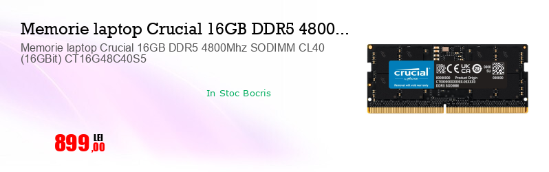 Memorie laptop Crucial 16GB DDR5 4800Mhz SODIMM CL40 (16GBit) CT16G48C40S5