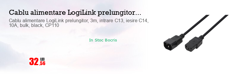 Cablu alimentare LogiLink prelungitor, 3m, intrare C13, iesire C14, 10A, bulk, black, CP110