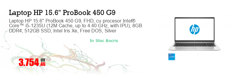 Laptop HP 15.6'' ProBook 450 G9, FHD, cu procesor Intel® Core™ i5-1235U (12M Cache, up to 4.40 GHz, with IPU), 8GB DDR4, 512GB SSD, Intel Iris Xe, Free DOS, Silver