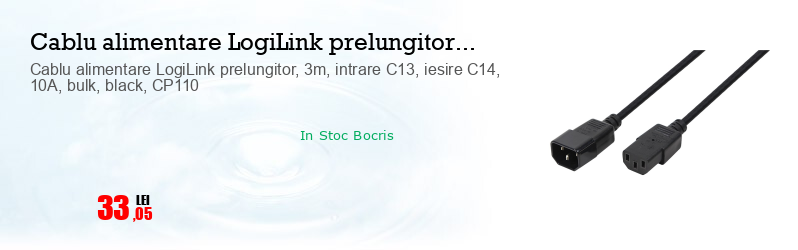 Cablu alimentare LogiLink prelungitor, 3m, intrare C13, iesire C14, 10A, bulk, black, CP110