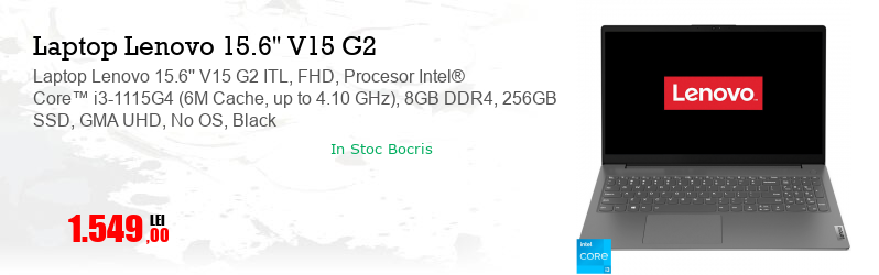 Laptop Lenovo 15.6'' V15 G2 ITL, FHD, Procesor Intel® Core™ i3-1115G4 (6M Cache, up to 4.10 GHz), 8GB DDR4, 256GB SSD, GMA UHD, No OS, Black