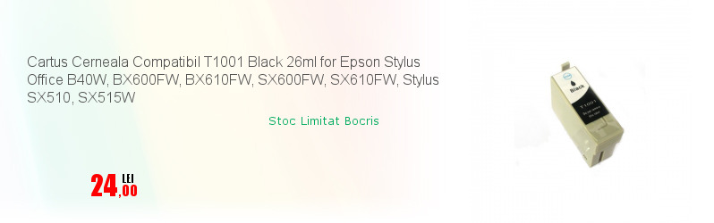 Cartus Cerneala Compatibil T1001 Black 26ml for Epson Stylus Office B40W, BX600FW, BX610FW, SX600FW, SX610FW, Stylus SX510, SX515W