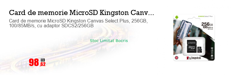 Card de memorie MicroSD Kingston Canvas Select Plus, 256GB, 100/85MB/s, cu adaptor SDCS2/256GB