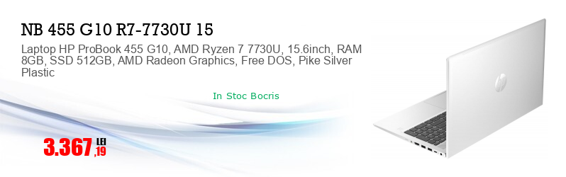 Laptop HP ProBook 455 G10, AMD Ryzen 7 7730U, 15.6inch, RAM 8GB, SSD 512GB, AMD Radeon Graphics, Free DOS, Pike Silver Plastic