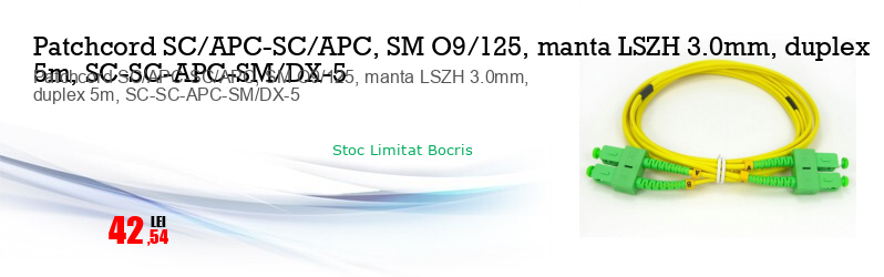Patchcord SC/APC-SC/APC, SM O9/125, manta LSZH 3.0mm, duplex 5m, SC-SC-APC-SM/DX-5