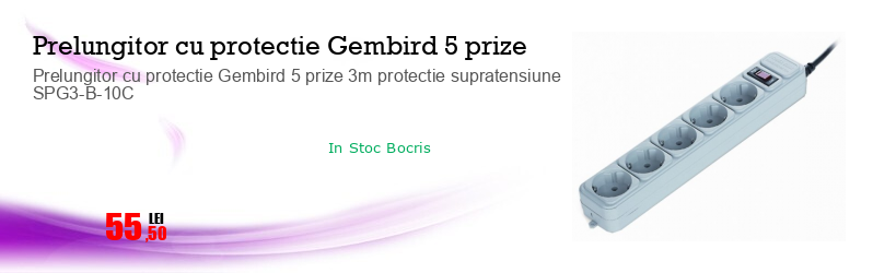 Prelungitor cu protectie Gembird 5 prize 3m protectie supratensiune SPG3-B-10C