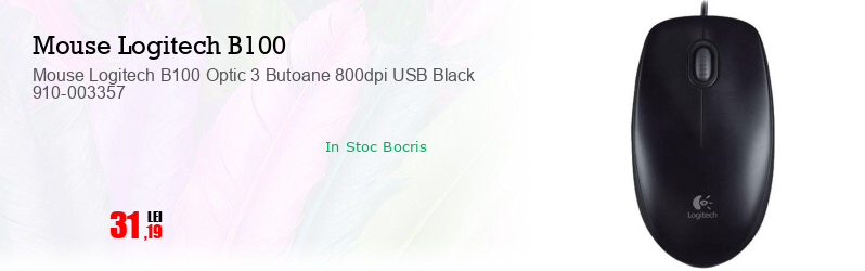Mouse Logitech B100 Optic 3 Butoane 800dpi USB Black 910-003357