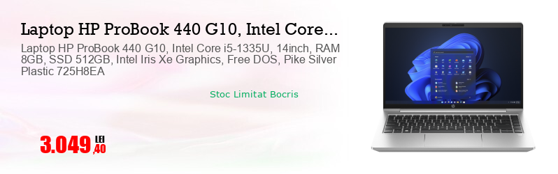 Laptop HP ProBook 440 G10, Intel Core i5-1335U, 14inch, RAM 8GB, SSD 512GB, Intel Iris Xe Graphics, Free DOS, Pike Silver Plastic 725H8EA