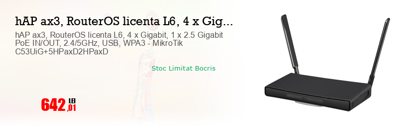 hAP ax3, RouterOS licenta L6, 4 x Gigabit, 1 x 2.5 Gigabit PoE IN/OUT, 2.4/5GHz, USB, WPA3 - MikroTik C53UiG+5HPaxD2HPaxD  