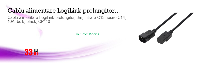 Cablu alimentare LogiLink prelungitor, 3m, intrare C13, iesire C14, 10A, bulk, black, CP110