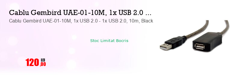 Cablu Gembird UAE-01-10M, 1x USB 2.0 - 1x USB 2.0, 10m, Black