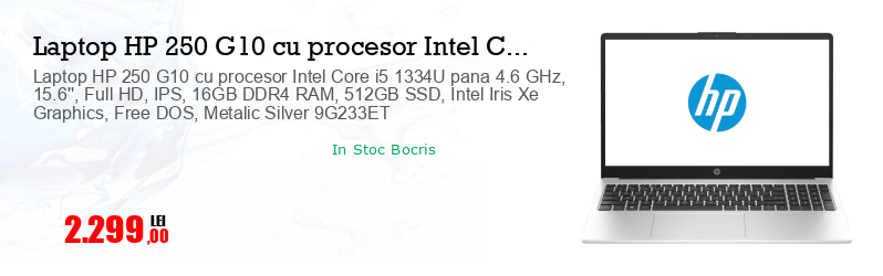 Laptop HP 250 G10 cu procesor Intel Core i5 1334U pana 4.6 GHz, 15.6'', Full HD, IPS, 16GB DDR4 RAM, 512GB SSD, Intel Iris Xe Graphics, Free DOS, Metalic Silver 9G233ET