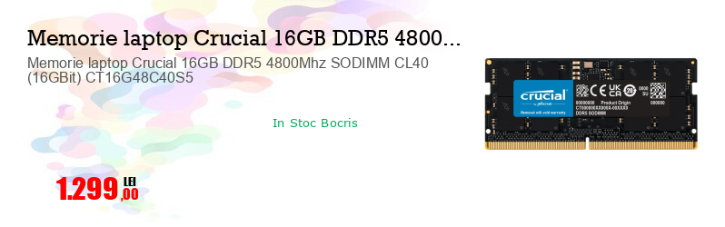 Memorie laptop Crucial 16GB DDR5 4800Mhz SODIMM CL40 (16GBit) CT16G48C40S5