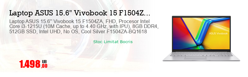 Laptop ASUS 15.6'' Vivobook 15 F1504ZA, FHD, Procesor Intel Core i3-1215U (10M Cache, up to 4.40 GHz, with IPU), 8GB DDR4, 512GB SSD, Intel UHD, No OS, Cool Silver F1504ZA-BQ1618