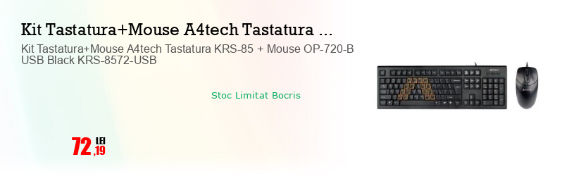 Kit Tastatura+Mouse A4tech Tastatura KRS-85 + Mouse OP-720-B USB Black KRS-8572-USB