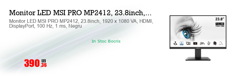 Monitor LED MSI PRO MP2412, 23.8inch, 1920 x 1080 VA, HDMI, DisplayPort, 100 Hz, 1 ms, Negru