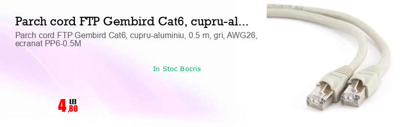 Parch cord FTP Gembird Cat6, cupru-aluminiu, 0.5 m, gri, AWG26, ecranat PP6-0.5M