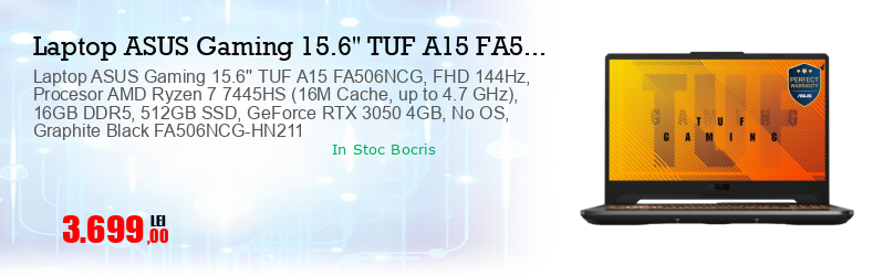 Laptop ASUS Gaming 15.6'' TUF A15 FA506NCG, FHD 144Hz, Procesor AMD Ryzen 7 7445HS (16M Cache, up to 4.7 GHz), 16GB DDR5, 512GB SSD, GeForce RTX 3050 4GB, No OS, Graphite Black FA506NCG-HN211