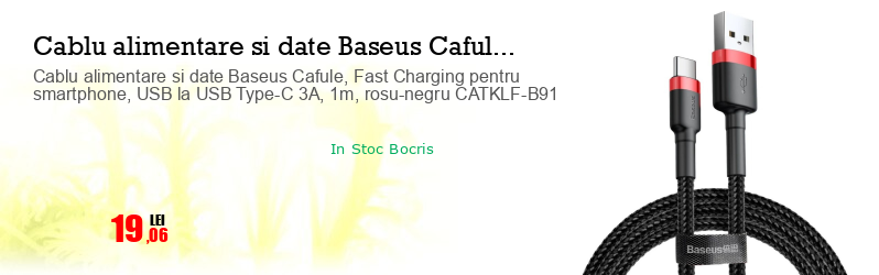 Cablu alimentare si date Baseus Cafule, Fast Charging pentru smartphone, USB la USB Type-C 3A, 1m, rosu-negru CATKLF-B91