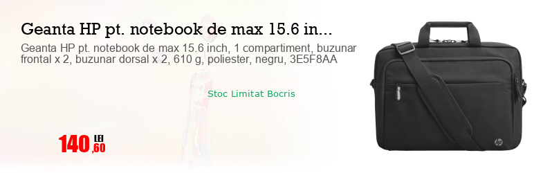 Geanta HP pt. notebook de max 15.6 inch, 1 compartiment, buzunar frontal x 2, buzunar dorsal x 2, 610 g, poliester, negru, 3E5F8AA