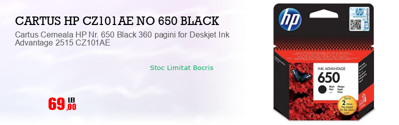 Cartus Cerneala HP Nr. 650 Black 360 pagini for Deskjet Ink Advantage 2515 CZ101AE