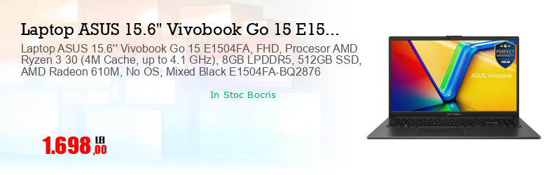 Laptop ASUS 15.6'' Vivobook Go 15 E1504FA, FHD, Procesor AMD Ryzen 3 30 (4M Cache, up to 4.1 GHz), 8GB LPDDR5, 512GB SSD, AMD Radeon 610M, No OS, Mixed Black E1504FA-BQ2876