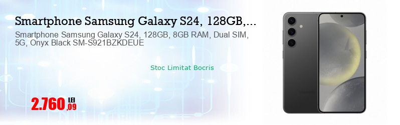Smartphone Samsung Galaxy S24, 128GB, 8GB RAM, Dual SIM, 5G, Onyx Black SM-S921BZKDEUE