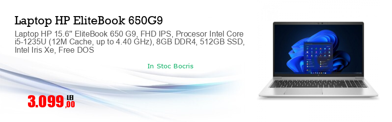 Laptop HP 15.6'' EliteBook 650 G9, FHD IPS, Procesor Intel Core i5-1235U (12M Cache, up to 4.40 GHz), 8GB DDR4, 512GB SSD, Intel Iris Xe, Free DOS