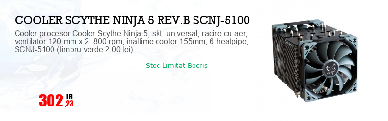 Cooler procesor Cooler Scythe Ninja 5, skt. universal, racire cu aer, ventilator 120 mm x 2, 800 rpm, inaltime cooler 155mm, 6 heatpipe, SCNJ-5100 (timbru verde 2.00 lei)