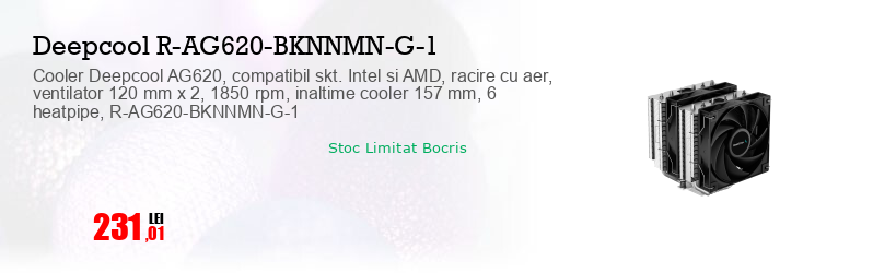 Cooler Deepcool AG620, compatibil skt. Intel si AMD, racire cu aer, ventilator 120 mm x 2, 1850 rpm, inaltime cooler 157 mm, 6 heatpipe, R-AG620-BKNNMN-G-1
