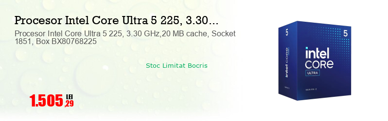 Procesor Intel Core Ultra 5 225, 3.30 GHz,20 MB cache, Socket 1851, Box BX80768225