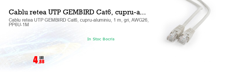 Cablu retea UTP GEMBIRD Cat6, cupru-aluminiu, 1 m, gri, AWG26, PP6U-1M