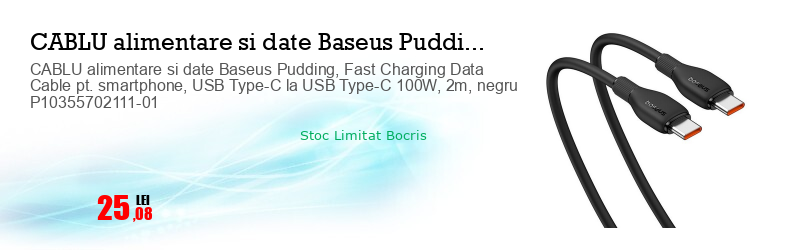 CABLU alimentare si date Baseus Pudding, Fast Charging Data Cable pt. smartphone, USB Type-C la USB Type-C 100W, 2m, negru P10355702111-01