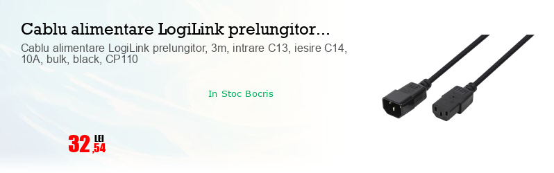 Cablu alimentare LogiLink prelungitor, 3m, intrare C13, iesire C14, 10A, bulk, black, CP110