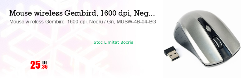 Mouse wireless Gembird, 1600 dpi, Negru / Gri, MUSW-4B-04-BG