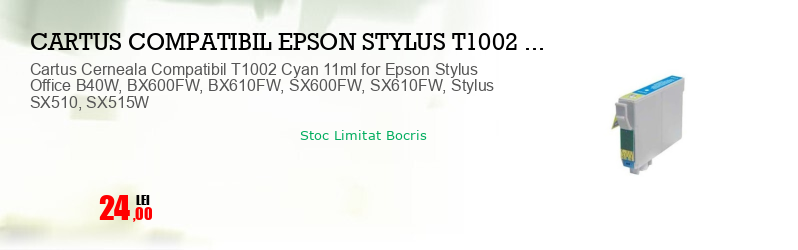 Cartus Cerneala Compatibil T1002 Cyan 11ml for Epson Stylus Office B40W, BX600FW, BX610FW, SX600FW, SX610FW, Stylus SX510, SX515W