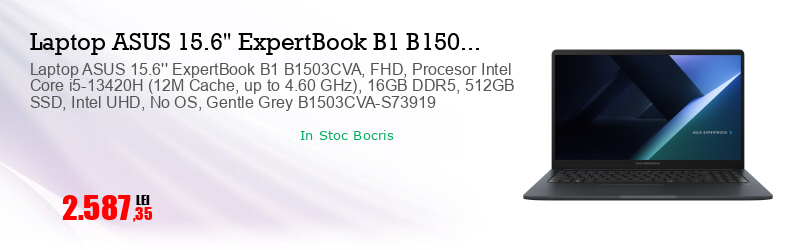 Laptop ASUS 15.6'' ExpertBook B1 B1503CVA, FHD, Procesor Intel Core i5-13420H (12M Cache, up to 4.60 GHz), 16GB DDR5, 512GB SSD, Intel UHD, No OS, Gentle Grey B1503CVA-S73919