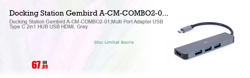 Docking Station Gembird A-CM-COMBO2-01,Multi Port Adapter USB Type C 2in1 HUB USB HDMI, Grey