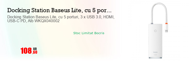 Docking Station Baseus Lite, cu 5 porturi, 3 x USB 3.0, HDMI, USB-C PD, Alb WKQX040002