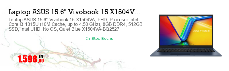 Laptop ASUS 15.6'' Vivobook 15 X1504VA, FHD, Procesor Intel Core i3-1315U (10M Cache, up to 4.50 GHz), 8GB DDR4, 512GB SSD, Intel UHD, No OS, Quiet Blue X1504VA-BQ2527