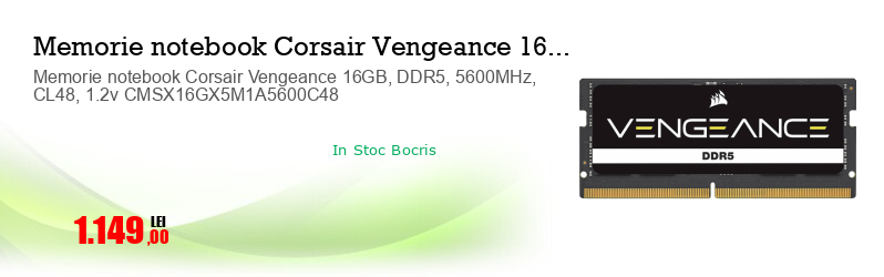 Memorie notebook Corsair Vengeance 16GB, DDR5, 5600MHz, CL48, 1.2v CMSX16GX5M1A5600C48