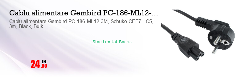 Cablu alimentare Gembird PC-186-ML12-3M, Schuko CEE7 - C5, 3m, Black, Bulk