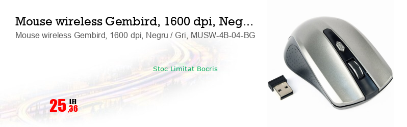 Mouse wireless Gembird, 1600 dpi, Negru / Gri, MUSW-4B-04-BG